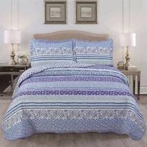 Karo Flowers Lines Reversible Bedspread Quilted Set 3 Pcs King Size - $48.99