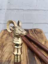 Vintage Brass Goat Head Handle Nautical Wooden Brown Plain Walking Stick Cane - £32.60 GBP