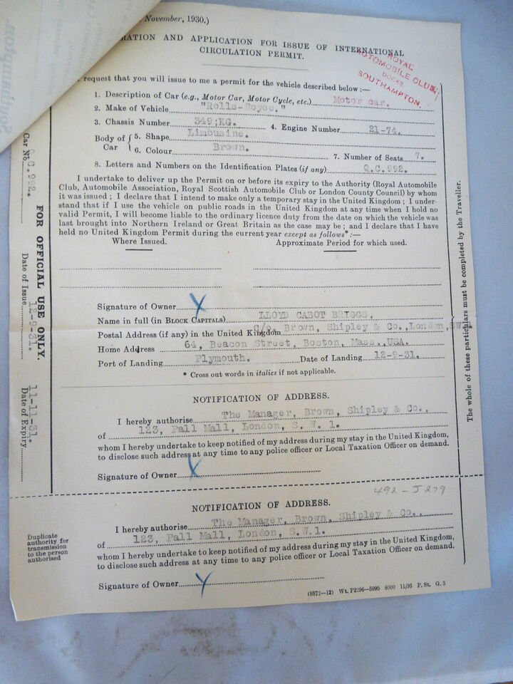 Royal Automobile Club Southampton 1931 letterhead permit Rolls Royce Briggs  Item image 2