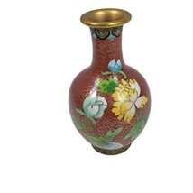 Vintage Cloisonne Vase From China Brass Wire Bold Colorful Lotus Floral  4 1/4&quot; - £29.87 GBP