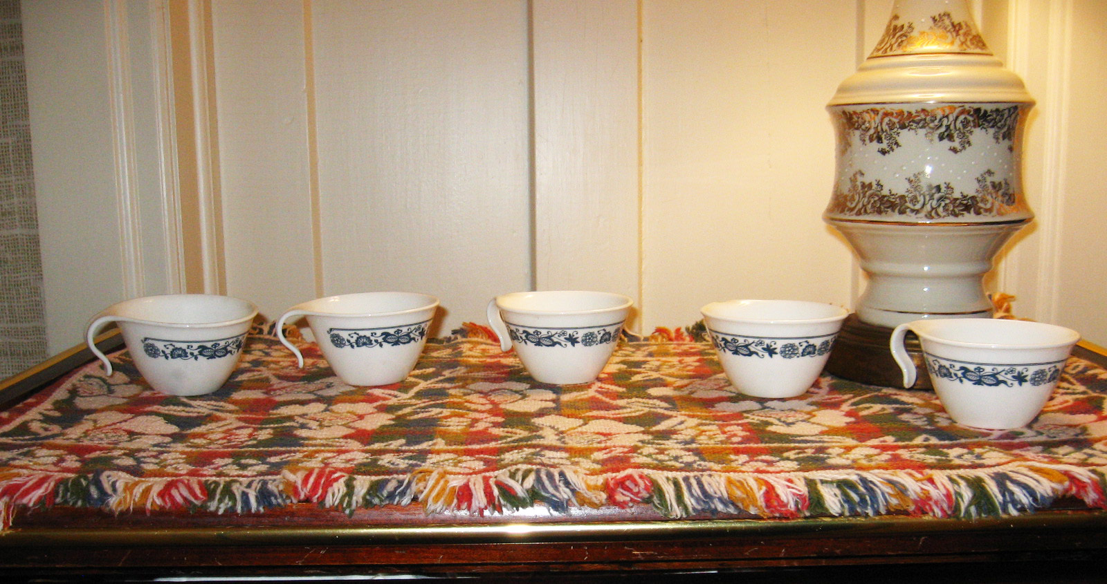 Five Vintage Old Town  Blue Corelle Glass Cups Curved Handles - $12.00