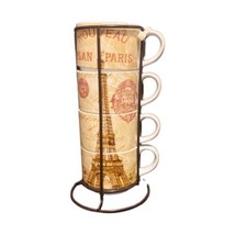 Pier 1 Imports 4-Stacking Coffee Mugs Eiffel Tower Paris Tea Cups &amp; Rack 8oz - £23.68 GBP