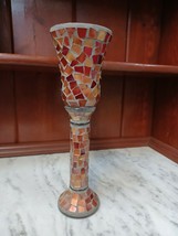 Home Interiors Brown Bronze Mosaic Stained Glass Candle Holder 2 Piece Set 12&quot; - £15.81 GBP