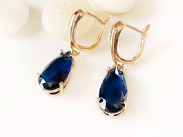 4Ct Pear Cut CZ Blue Sapphire Drop Dangle Earrings 14K Yellow Gold Plated - £89.91 GBP