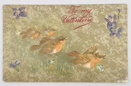 Antique 1912 Embossed Birds &amp; Purple Flowers To My Valentine Postcard 5.5&quot;x3.5&quot; - £7.46 GBP