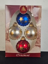 Enchanted Forest Glass Ornaments Red White Blue Stars - Set of 4 - $9.85