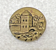 Antique Gold Tone Metal Castle River Bridge Button 1 inch Raised Details - $8.42