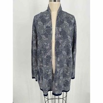 Lands&#39; End Open Front Cardigan Sweater Sz L Blue White Floral Striped - £21.48 GBP