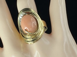 14K gold  0.1ct graduated Diamond Oval Coral cabochon ring 9.4g s7.5  JR7912 - £345.33 GBP