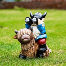 Garden Gnome Statues Resin Gnome Sitting on Highland Cow Solar Lights Ou... - $69.80