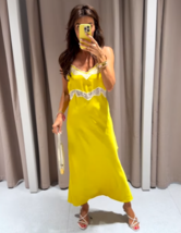 ZARA BNWT 2025. MUSTARD YELLOW LACE TRIM CAMISOLE MIDI DRESS SATIN. 8290... - $94.71
