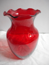 Indiana Glass Co Crimped Ruby Red Vase 8&quot; Tall #31000 Wide Mouth Top Scalloped - £15.04 GBP