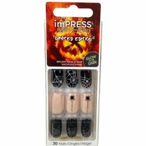 NEW Kiss Nails Impress Press On Manicure Medium Black Silver Spider Halloween - £13.49 GBP