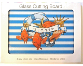 Nautical Summer Tempered Glass Cutting Board Seashells Fish Stain Resistant - $32.26