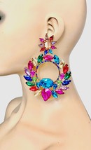 4.75” Long Multicolor Acrylic Crystals Evening Party Clip-On Hoop Earrings - £25.40 GBP