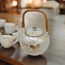 Porcelain Teapot 2 Cup Vtg Japanese Gold Bamboo Trees Pearlescent Wicker Handle - £11.21 GBP