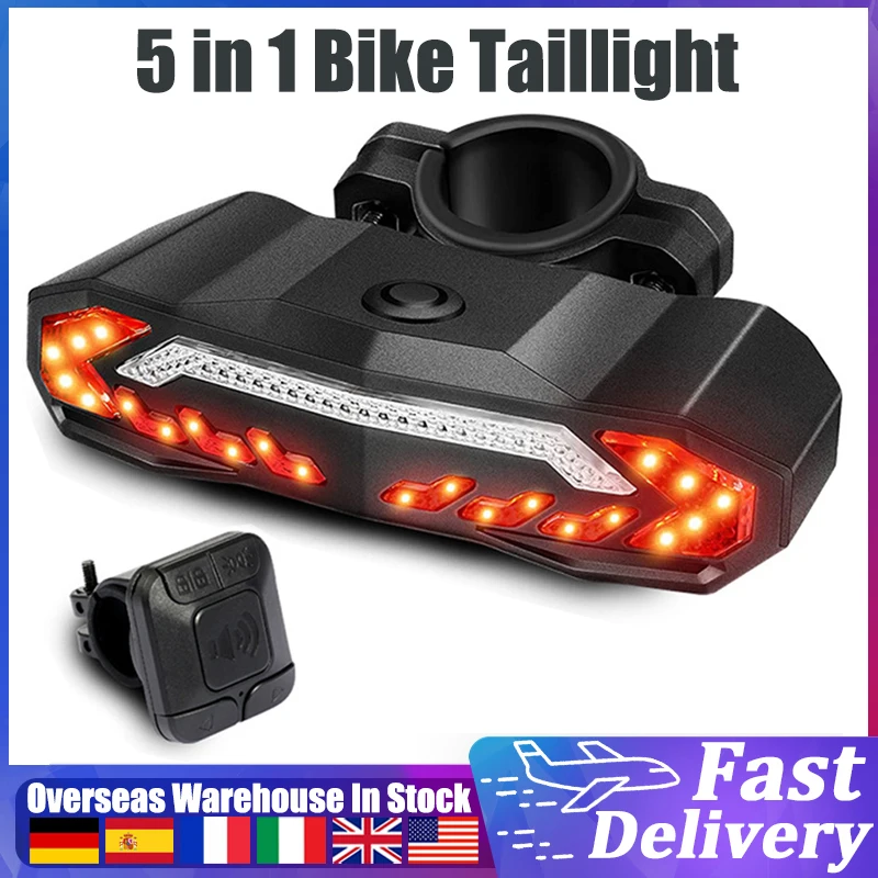 5 in 1 Bike Tail Light with Turn Signals 6 Modes MTB Bike Anti-Theft Alarm LED - £24.83 GBP