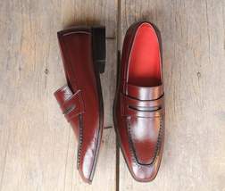 Handmade Men&#39;s Burgundy Leather Penny Loafer Shoes, Men Dress Fashion Shoes - £117.72 GBP