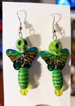 day of the dead skull earrings, green butterfly skull bead earrings handmade - £5.56 GBP