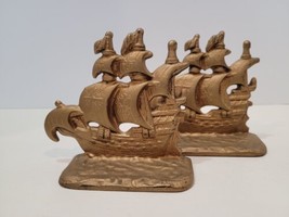 Antique Vintage Pirate Ship Galleon Book ends Gold Cast Iron 1928 - $28.45