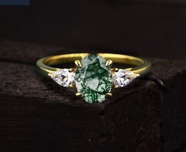 Natural Oval Green Moss Agate Engagement Ring Rose Gold Cluster Aquatic Agate - £67.07 GBP