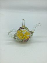 Vtg Hand Blown Glass Teapot Shaped w Yellow Flowers Ring Holder Paperweight - £18.37 GBP