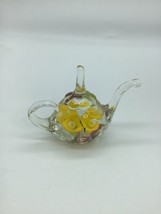 Vtg Hand Blown Glass Teapot Shaped w Yellow Flowers Ring Holder Paperweight - £18.24 GBP