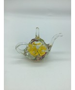 Vtg Hand Blown Glass Teapot Shaped w Yellow Flowers Ring Holder Paperweight - £17.46 GBP