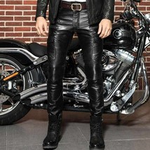 Mens Biker Jeans Real Black Soft Lambskin Leather Sleek Sexy 501 Style P... - £141.53 GBP