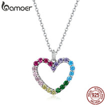 925 Silver Rainbow Colorful Heart Pattern Love Dazzling Zircon Necklace Chain Li - £21.84 GBP