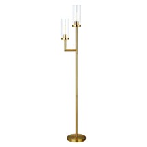 69&quot; Brass Two Light Torchiere Floor Lamp With Clear Transparent Glass Drum Shade - $252.40