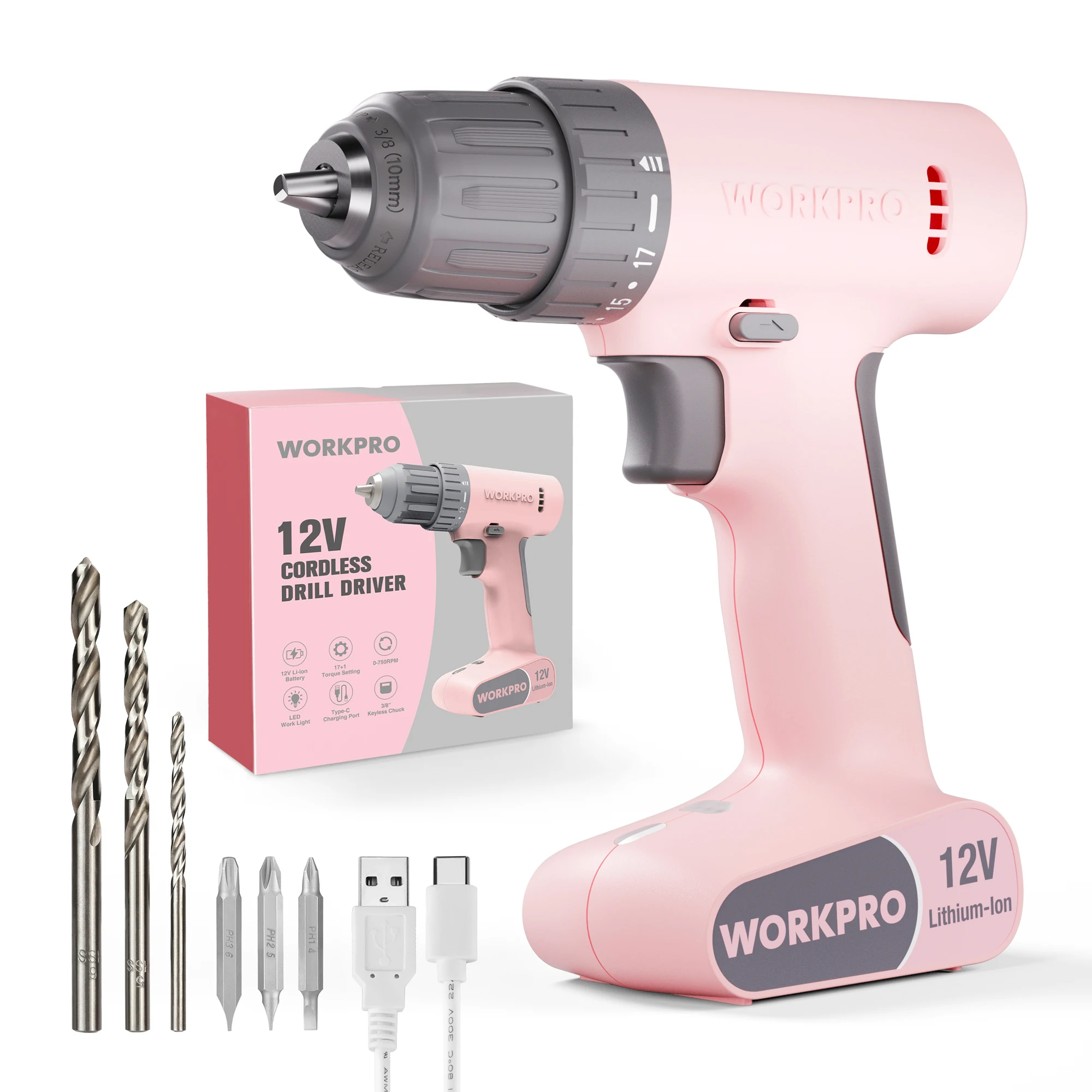 WORKPRO 12V Cordless Drill Driver Set Pink /White 17+1 Gear Torsion Adjustment   - £124.14 GBP