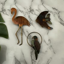 Vintage Tropical Copper Metal Fridge Magnets Flamingo Parrot Fish Art Ha... - $25.73