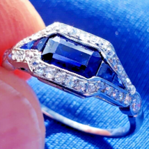 Earth mined Sapphire Diamond Deco Platinum Engagement Ring HAND MADE Filigree - $13,865.25