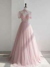 Pink round neck tulle sequin long prom dress, pink tulle formal dress - £155.89 GBP