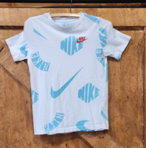 Nike Sportswear All Over Print Logo T Shirt Youth Lg White Activewear Athletic - $8.59