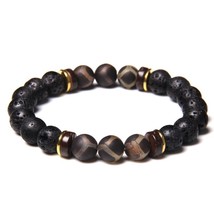 Men Bracelets Buddhism Tibetan Agat Wood Charm Bracelet Black Natural Lava Rock  - £9.27 GBP