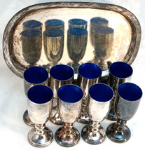 8 Silverplate Cordials with Blue Enamel Inside + Serving Tray W.&amp;S. Blac... - £61.69 GBP