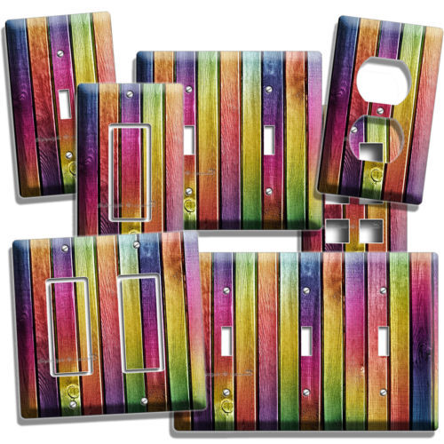 COLORFUL RAINBOW WOOD PLANKS LIGHT SWITCH WALL PLATE OUTLET KITCHEN FOREST CABIN