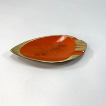 Vintage 60s Orange Enameled Brass Ashtray Gold Trim Made In Israel 6&quot; x 3&quot; Oval - £27.13 GBP