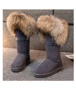 Women&#39;s US 7.5 Gray Genuine Suede Leather Mid-Calf Fox Fur Slip On Water... - £86.45 GBP