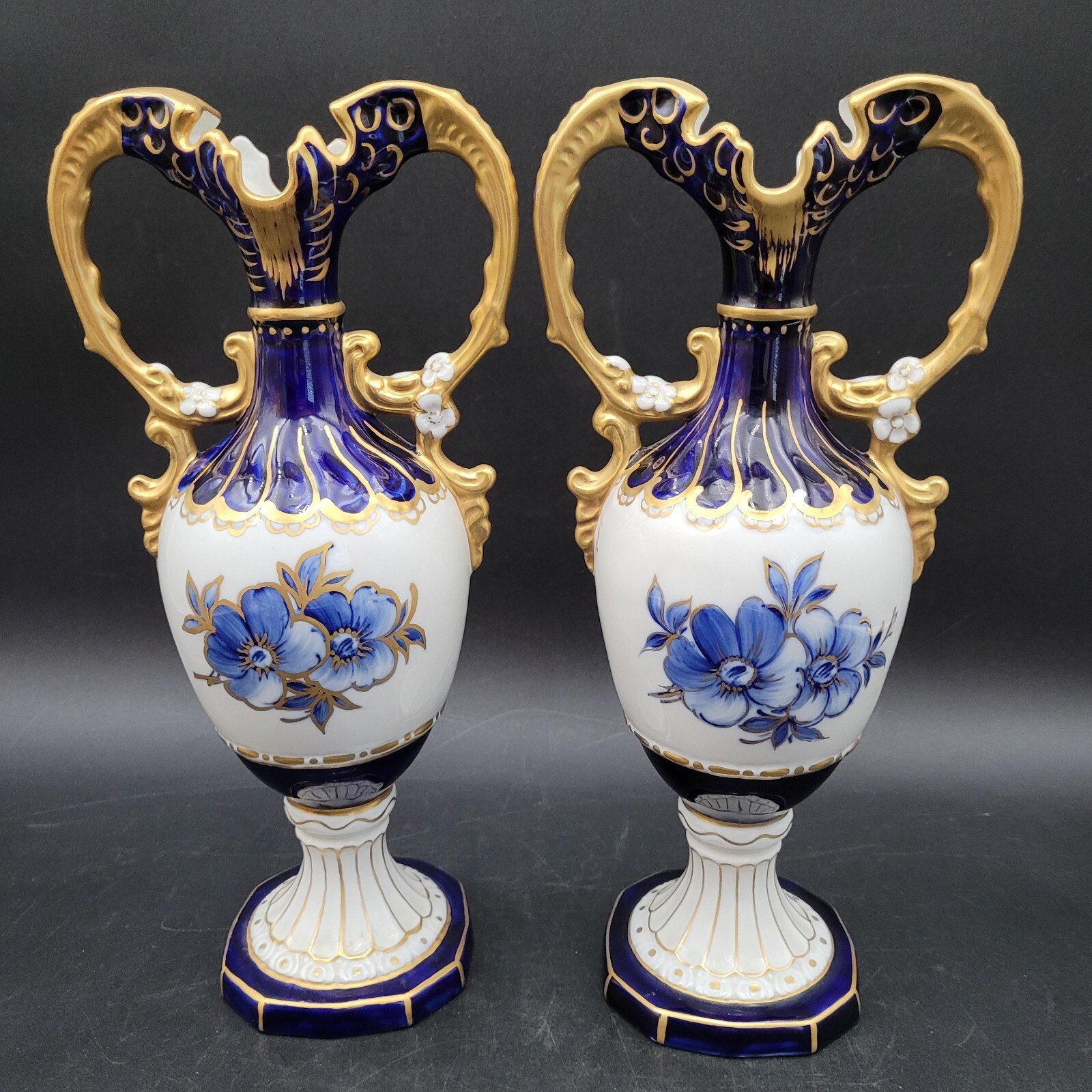 Two Vintage Royal Dux Porcelain Urn Vase Czech Cobalt Blue &amp; White w/Hea... - $98.99