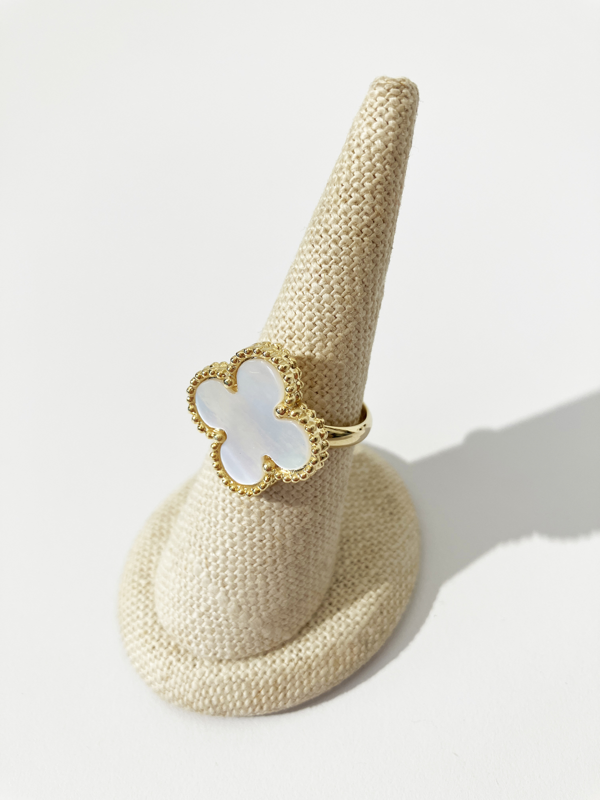 Adjustable Demi Mother of Pearl Quatrefoil Motif Ring in Gold - $55.00