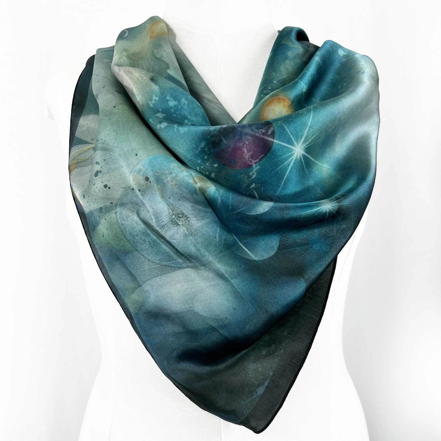 Angel Blue Square Silk Scarf: Zodiac Clouds, Moon, Stars. Wrap, Shawl, H... - $120.00