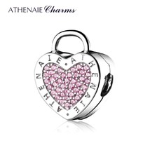 925 Sterling Silver Charms Pave Pink CZ Lock Your Promise Clip Stopper Beads Fit - £37.93 GBP