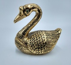 Vintage Brass Swan Trinket Dish Pill Box Hinged Covered Box Green Eyes 2-3/4&quot; - £21.25 GBP