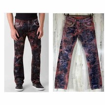Rock Revival Mens Jeans 32x33 Dan Alt Straight Red Tie Dye Splatter Acid Wash - £77.64 GBP