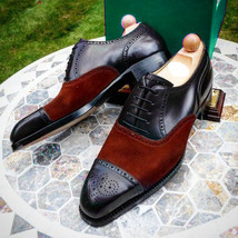 Handmade Men&#39;s Leather with Suede Shoes, Cap Toe Black Coffee Brown Brog... - £126.00 GBP