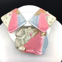 Artisan Brooch and Earrings, Vintage Statement Set, Abstract Ceramic Modernist P - £23.20 GBP
