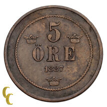 1887 Sweden 5 Ore (VF) Very Fine Condition - $49.01